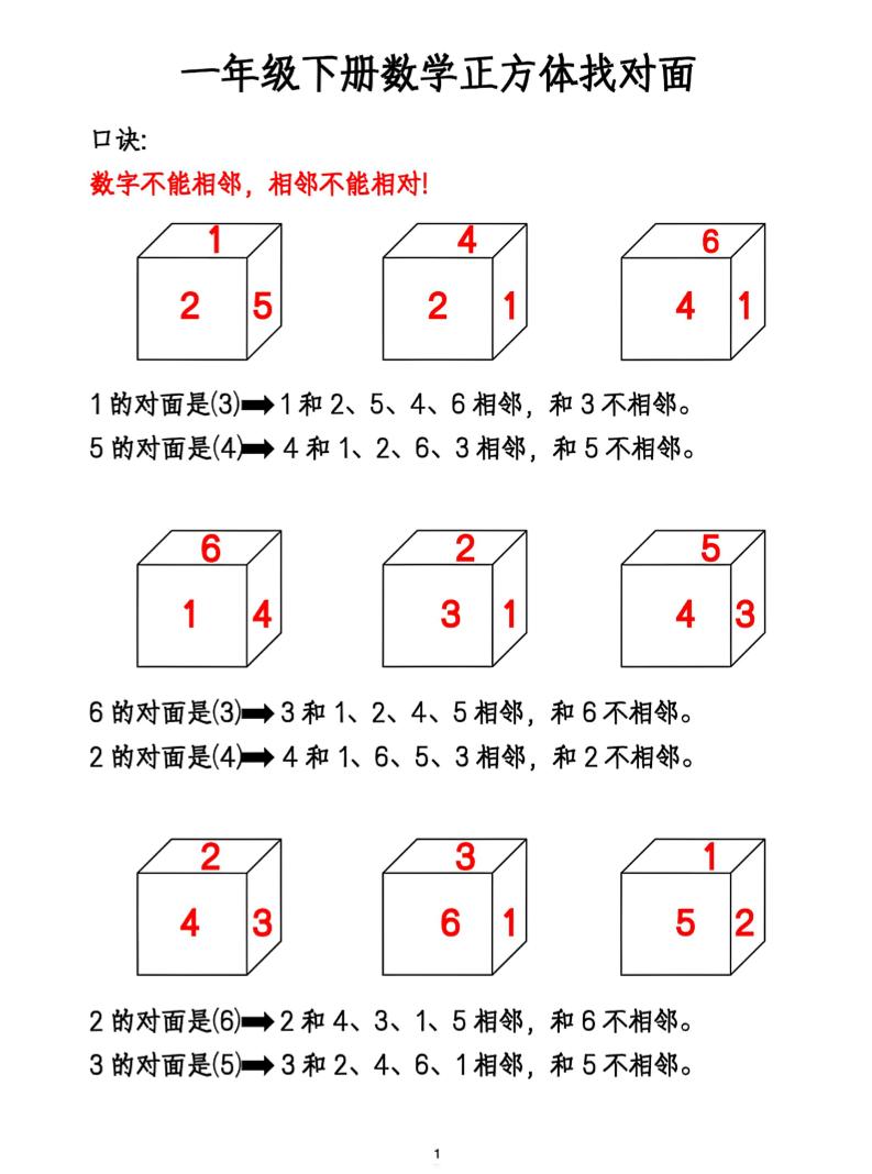 一年级下册数学正方体找对面-米秀网