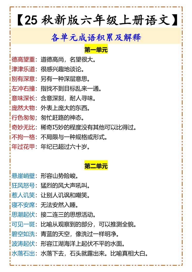 【2025秋新版】【六年级上册语文】各单元成语积累及解释-米秀网