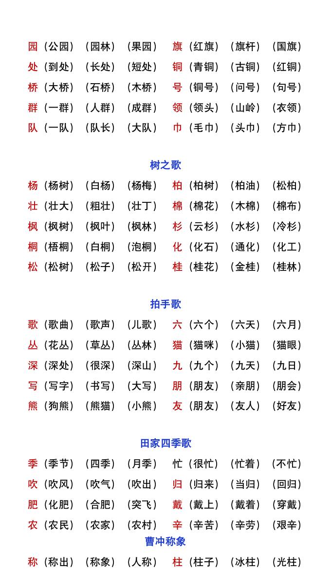 二年级上册语文暑假预习重点《生字组词汇总》插图1