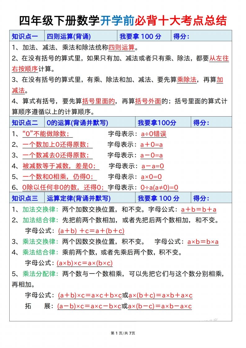 四下数学必背十大考点总结7页-米秀网