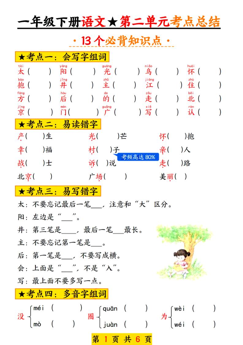 2025新版一年级语文下册第二单元考点总结13个必背-米秀网