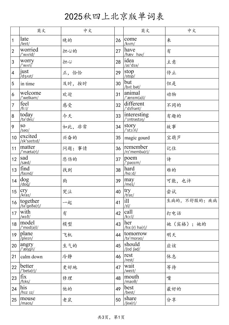 2025秋四上英语北京版单词表-米秀网