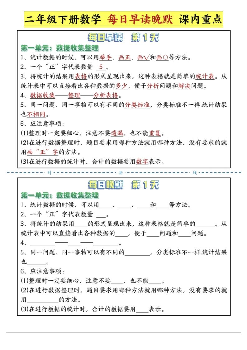 二年级下数学重点每日早读晚默（14页）-高清无水印完整版本-米秀网