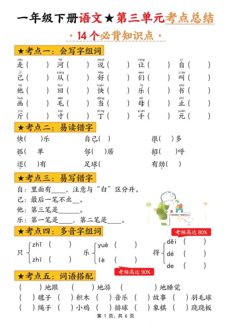 一下语文第三单元考点总结（含练习6页）-米秀网