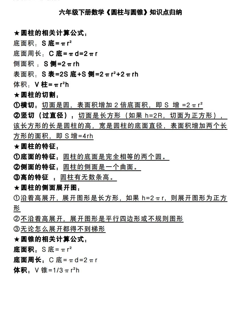 六下数学《圆柱与圆锥》知识点归纳-米秀网