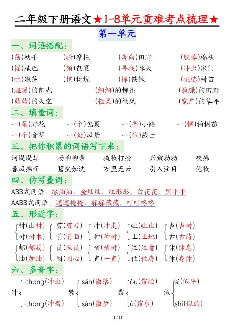 二下语文期末复习1-8单元重难考点梳理总结（17页）-米秀网