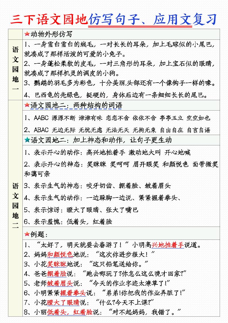 三年级下语文1-8单元语文园地句子仿写+应用文专练-米秀网