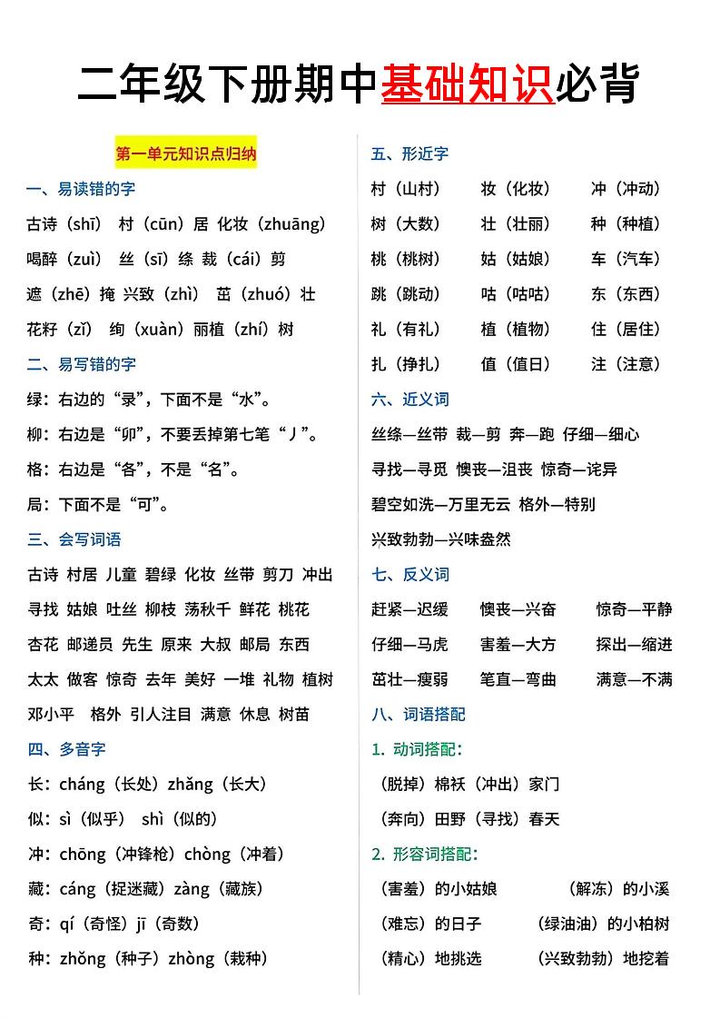 二年级语文下册期中基础知识必背5页-米秀网
