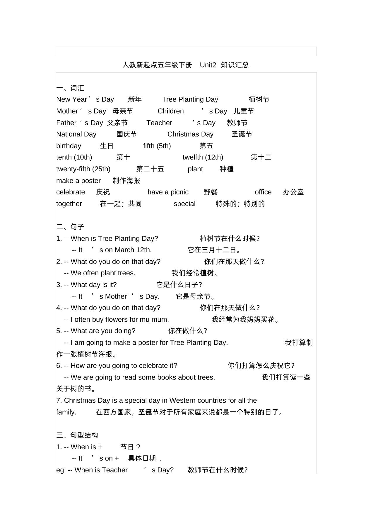 五下人教版一起点英语【期末知识清单汇总】插图1