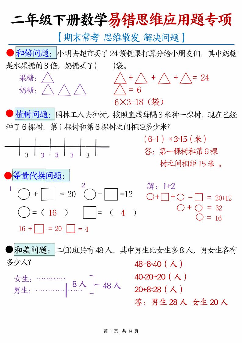 二下数学易错思维应用题专项（28道母题）练习+答案版14页-米秀网