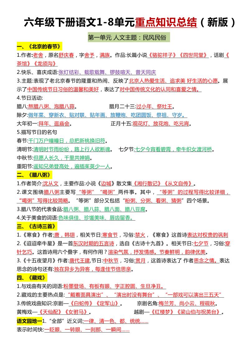 六年级下语文1-8单元常考知识点总结-米秀网