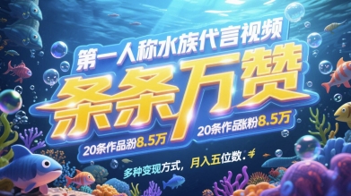 第一人称水族代言视频，条条万赞，20条作品涨粉7.8W，多种变现方式月入五位数-米秀网